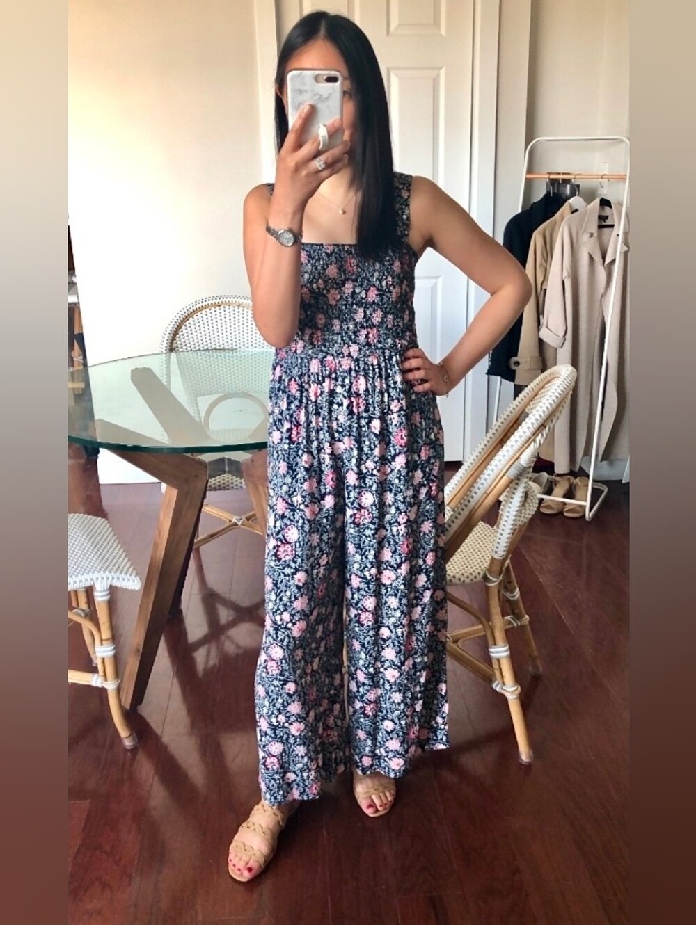 LOFT Navy Floral Smocked Wide Leg Jumpsuit Size S